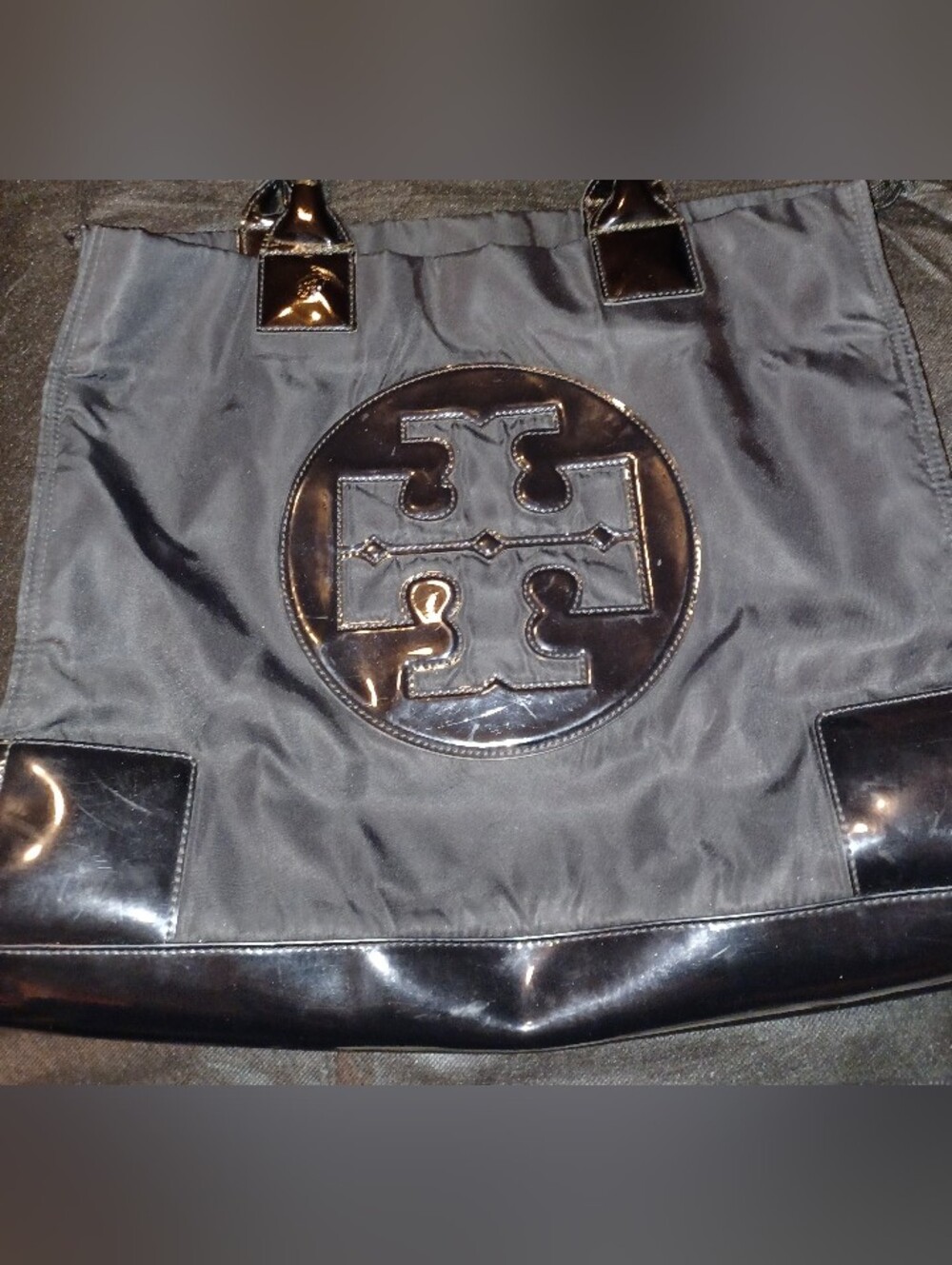 Tory Burch Black Ella Nylon & Patent Leather Jumbo Tote.
